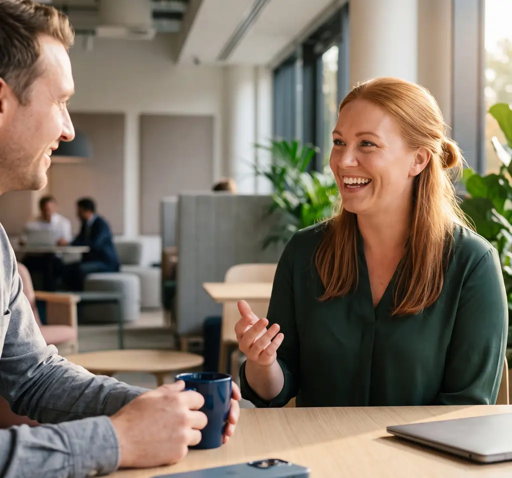 Smiling business woman talking to colleague