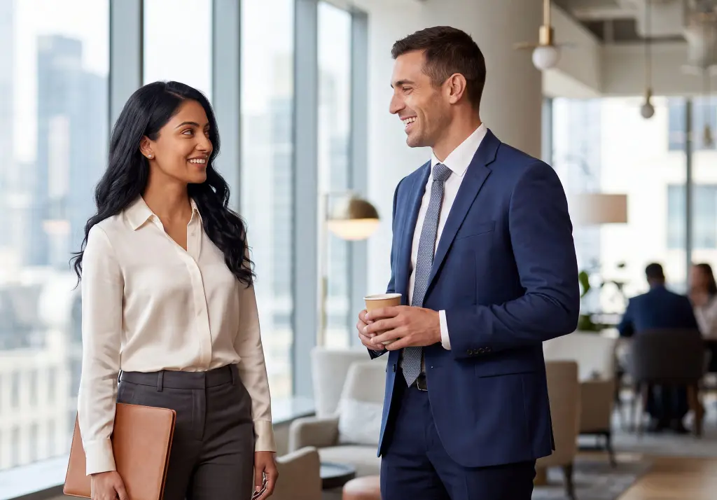 Smiling colleagues in formal business attire talking